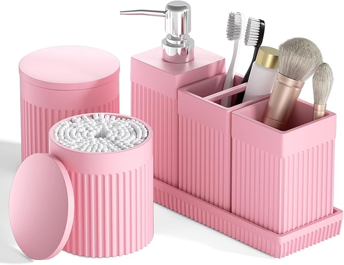 InnJoey 6-Piece Pink Bathroom Set - Sleek Resin Bathroom Accessories Set with Soap Dispenser, Toothbrush Holder, Vanity Tray, Tumbler & Apothecary Jars for Small Spaces