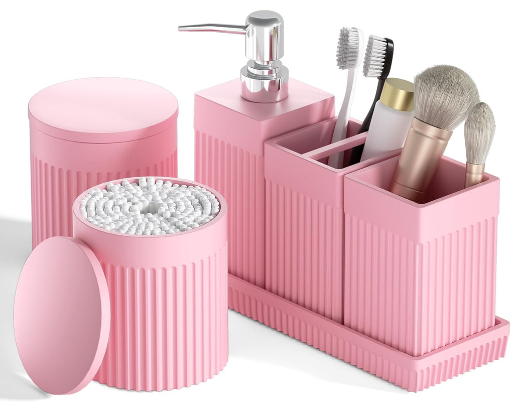 InnJoey 6-Piece Pink Bathroom Set - Sleek Resin Bathroom Accessories Set with Soap Dispenser, Toothbrush Holder, Vanity Tray, Tumbler & Apothecary Jars for Small Spaces