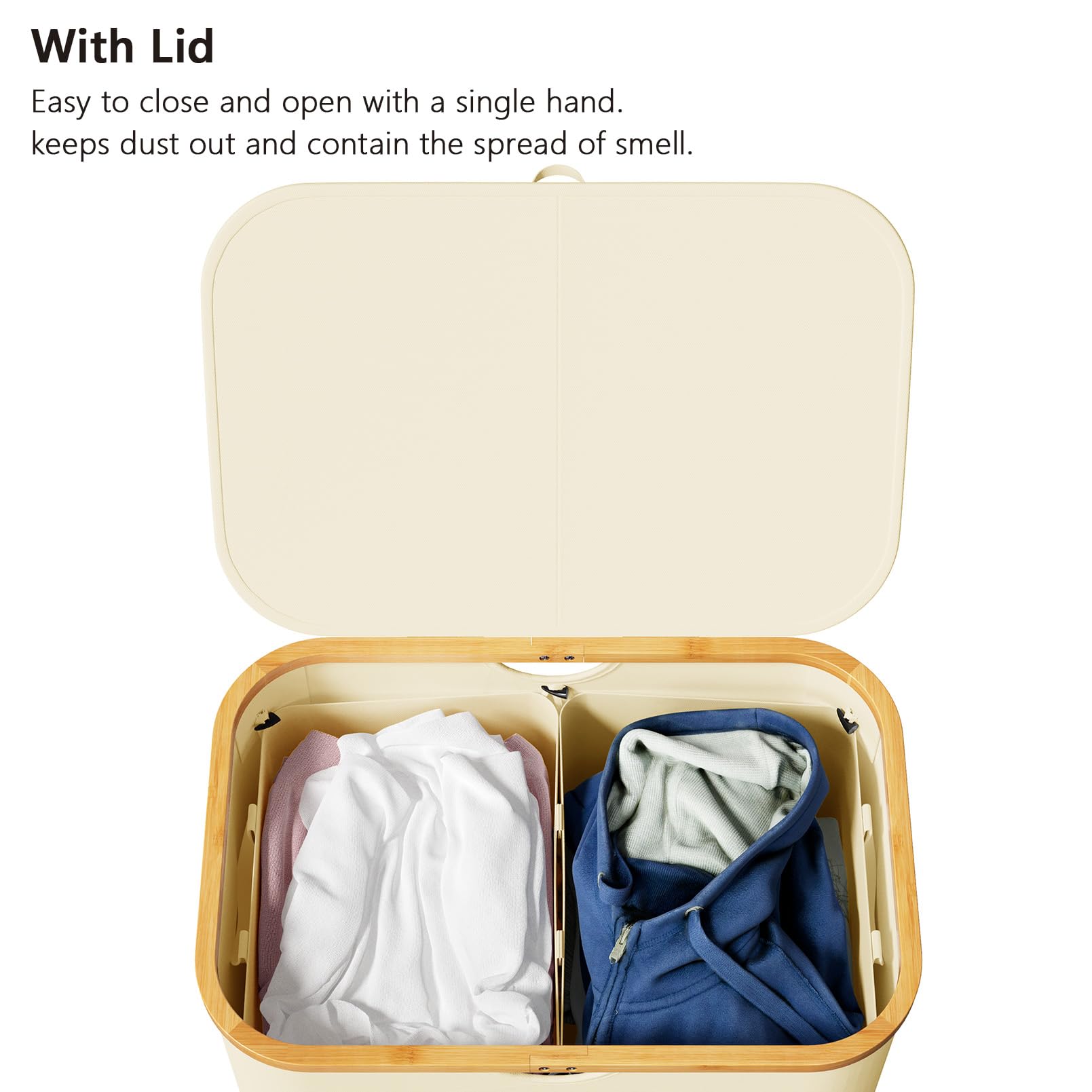 SpaceAid Double Laundry Hamper 2 Section with Lid and Removable Laundry Bags, 160L Clothes Basket with Bamboo Handles, Large Collapsible Hamper for Bedroom, Bathroom, Dorm, Laundry Room - Beige