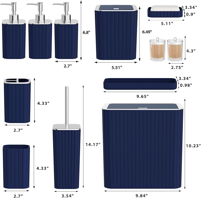 InnJoey Bathroom Accessory Set - Bathroom Set, 27PC Bathroom Accessories Set, Navy Blue Bathroom Sets with Shower Curtain and Rugs, Mini Trash Can, Toilet Brush, Trash Can & Soap Dispenser