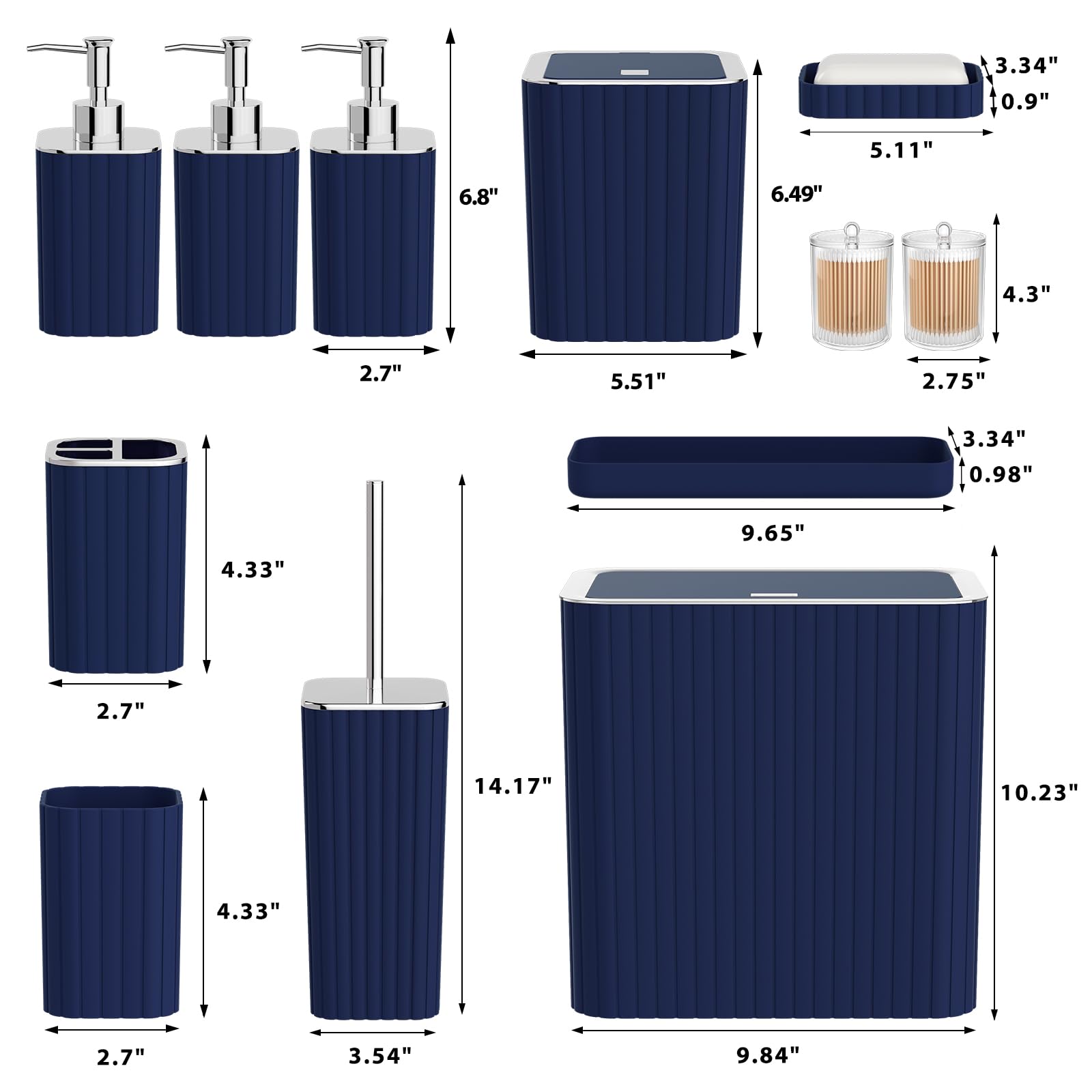 InnJoey Bathroom Accessory Set - Bathroom Set, 27PC Bathroom Accessories Set, Navy Blue Bathroom Sets with Shower Curtain and Rugs, Mini Trash Can, Toilet Brush, Trash Can & Soap Dispenser