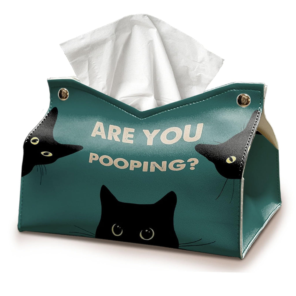 Funny Rectangle Tissue Box Cover for Bathroom, Cute Cat Tissue Box Holder, are You Pooping Funny Bathroom Decor, Vintage Green PU Facial Paper Case Cats Gifts for Cat Mom Women 9.8x5.9x5.9