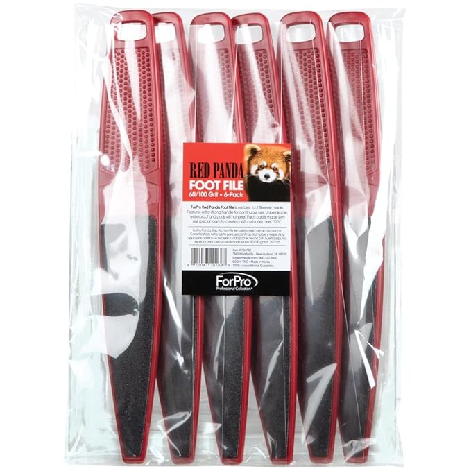 ForPro Professional Collection Red Panda Foot File, 60/100 Grit, Double-Sided Pedicure File for Feet and Heels, 10.5” L (Pack of 6)