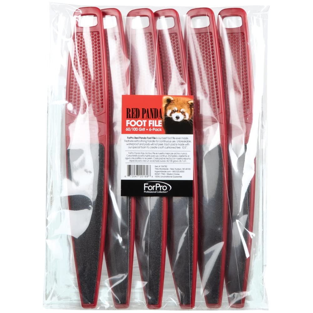 ForPro Professional Collection Red Panda Foot File, 60/100 Grit, Double-Sided Pedicure File for Feet and Heels, 10.5” L (Pack of 6)