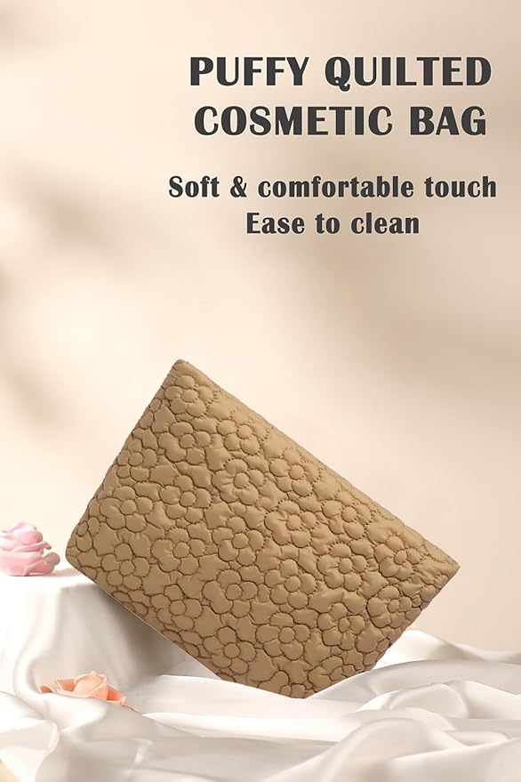 HFLZBRO Puffy Quilted Makeup Bag, Cosmetic Bag, Travel Toiletry Organizer Pouch, Clutch for Wom (Khaki Flower)