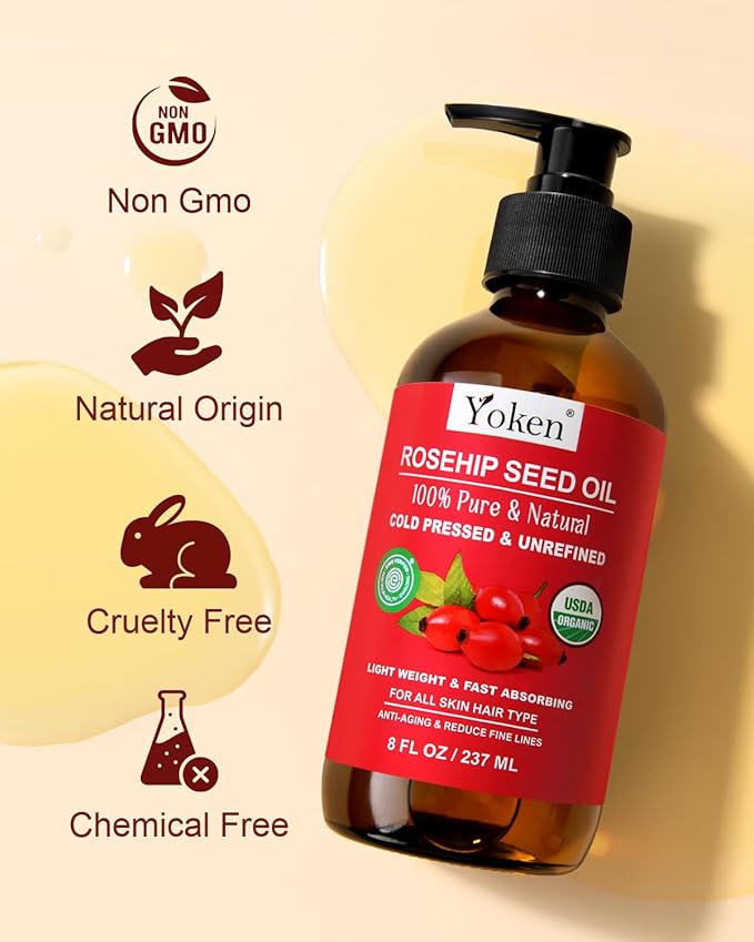 Yoken Organic Rosehip Seed Oil for Skin & Hair, Cold Pressed, 8 fl oz
