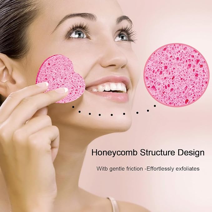 100-Count Compressed Facial Sponges for Estheticians Heart Shape Natural Cellulose Sponge Professional Cosmetic Spa Sponges for Face Cleansing, Massage, Pore Exfoliating, Mask, Makeup Removal, Pink