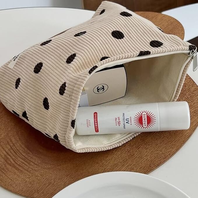 SxoSyo Corduroy Makeup Bags, Polka Dot Cosmetic Bag for Purse, White