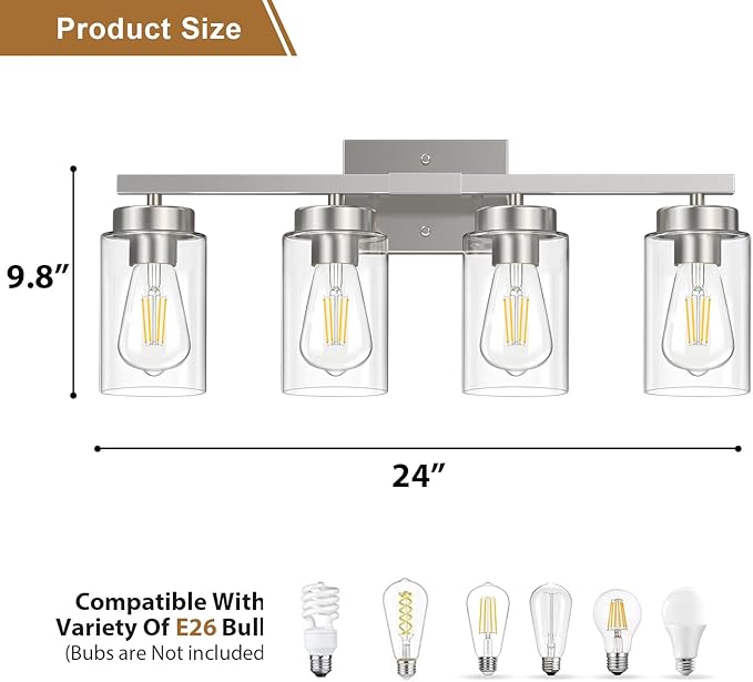 IZORRO Modern Bathroom Light Fixtures, 4 Light Brushed Nickel Vanity Lights, Bathroom Lighting Fixtures Over Mirror with Clear Glass for Living Room Cabinet Bedroom