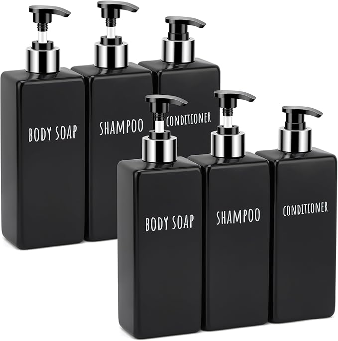 Segbeauty 6 Pack Reusable Shampoo and Conditioner Dispenser, 16.9oz 500ml Black Plastic Soap Dispenser for Bathroom and Kitchen