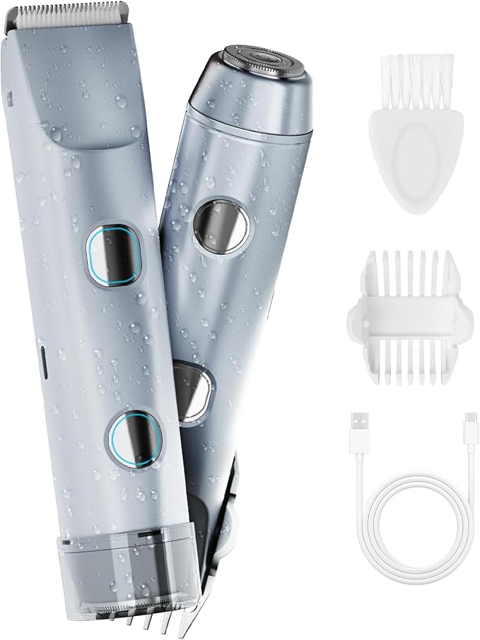 2-in-1 Bikini Trimmer for Women, IPX7 Waterproof Electric Shaver, Body Hair Trimmer & Electric Razor for Face, Lips, Pubic Area, Legs, Blue