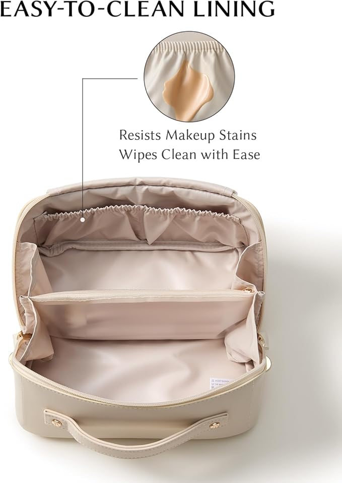 EACHY Travel Makeup Bag, 2.0 Cosmetic Bag for Women, Waterproof PU Leather,Flat Open Portable Toiletry Bag for Skincare, Brushes & Travel Essentials