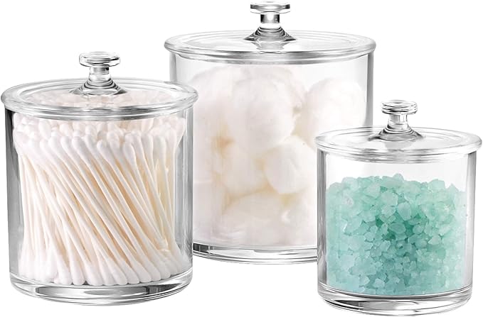 SheeChung 3 Pack Apothecary Jars with Lids,Qtip Holder Bathroom Set,Acrylic Storage Containers,Cotton Ball and Q tip Holder Set,Clear Bathroom Containers with Labels,Bathroom Organizers and Storage