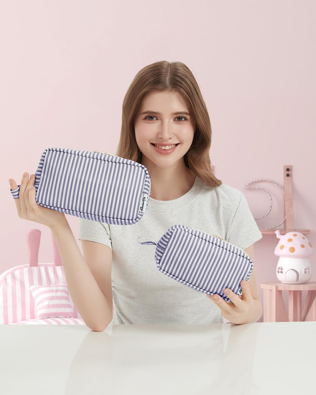 Narwey Small Makeup Bag for Purse Travel Makeup Pouch Mini Cosmetic Bag Zipper Pouch for Women (Greyish Blue Stripe, Small)