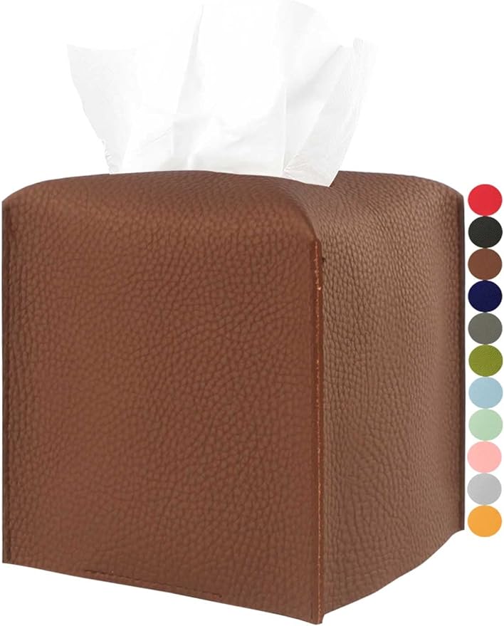 Leather Tissue Box Cover Square – [JESMINI, Brown] Modern PU Leather Cube Tissue Box Holder Decorative for Bathroom Vanity Countertop/Night Stands/Office Desk, 5x5x5