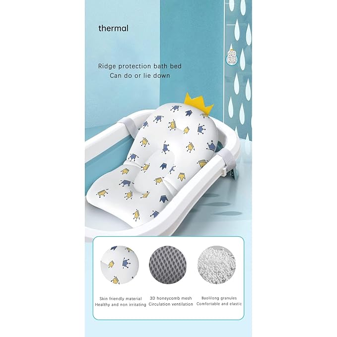 Baby Bath Cushion Pad Newborn Bathtub Mat Infant Bath Supporter Net Baby Bathtub Pillow Non-Slip Floating Bathing Tub Seat (White Crown, 28cm*43cm*26cm)