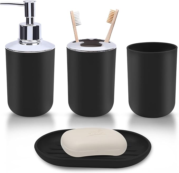 LGURT Matte Black Bathroom Accessories Set, 4-Piece Plastic Black Bathroom Organizer with Soap Dispenser, Toothbrush Holder, Rinse Cup & Soap Dish, Classic Black Bathroom Decor