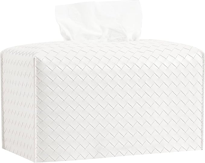 Tissue Box Cover PU Leather Tissue Holder Square Facial Tissue Case Facial Paper Organizer Dispenser for Bathroom, Vanity Countertop, Tabletop, Car, Rectangle, White