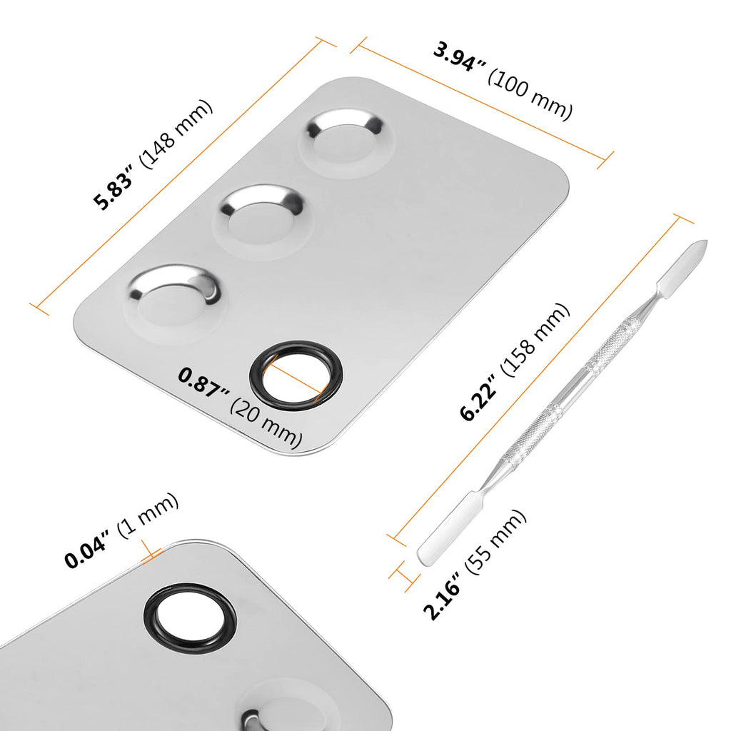 SEUNMUK 6 Pack 6 x 4 Inch Stainless Steel Cosmetic Palette with Spatula, 3-well Mixing Makeup Palette Nail-art Mixer Metal Tray for Foundation, Pigment, Nail Polish Blending, Silver