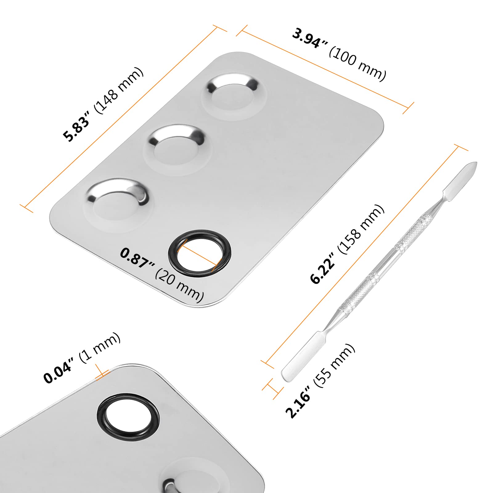 SEUNMUK 6 Pack 6 x 4 Inch Stainless Steel Cosmetic Palette with Spatula, 3-well Mixing Makeup Palette Nail-art Mixer Metal Tray for Foundation, Pigment, Nail Polish Blending, Silver