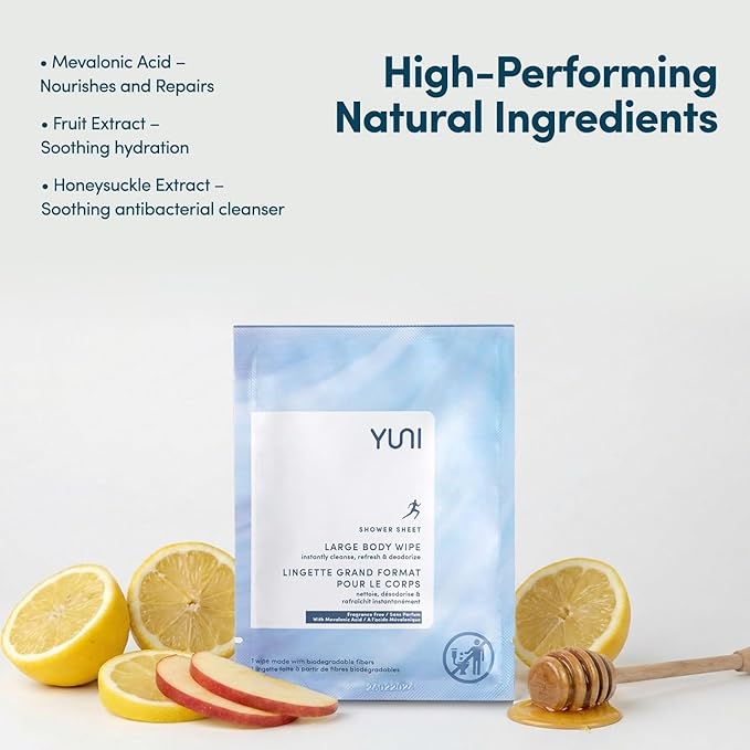 YUNI Beauty Large Body Wipes (Unscented, 6 Count) Super Soft Moist Showerless Wipes that Cleanse & Deodorize - On-the-Go Waterless Body Cleanser - Biodegradable Individually Wrapped Wipes for Travel