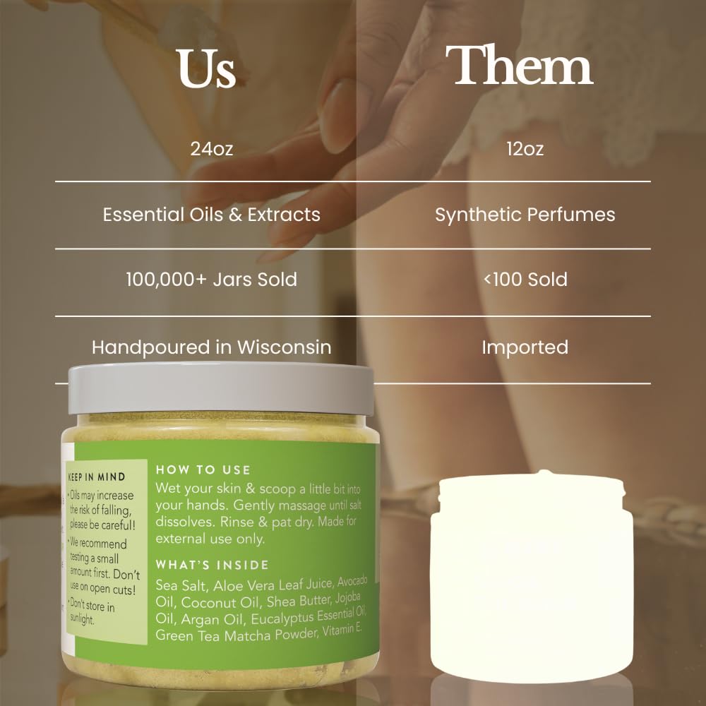 Bare Botanics 24oz Matcha Eucalyptus Sea Salt Body Scrub Natural Exfoliator