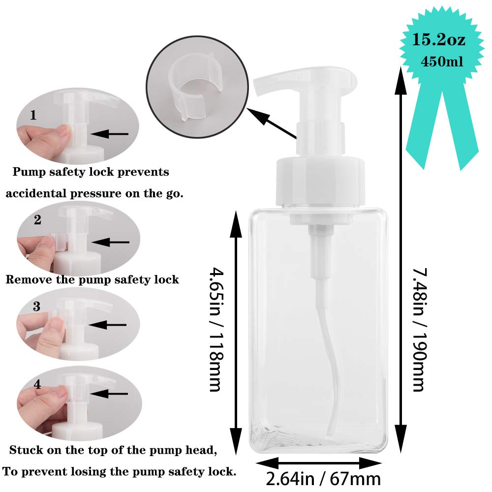 2 Pack Foaming Soap Dispenser, 15 Oz Refillable Plastic Pump, Clear
