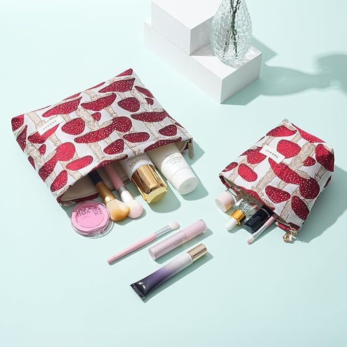 BOCGRPU 2 Pcs Makeup Bags for Purse, Large Cute Cosmetic Bag Travel Toiletry Bag Organizer for Women, Embroidery Craft Mushroom Makeup Bag Small Cosmetic Pouch Purse with Zipper (Red Mushroom)