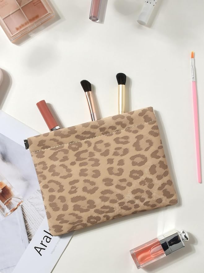 Ksriylm Leopard Leather Small Makeup Pouch for Women,Cosmetic Accessories,Waterproof and Portable Cosmetic Bag,Self-closing, No Zipper, Aesthetic Storage Pouch,Lipstick for Purse,Camel Color