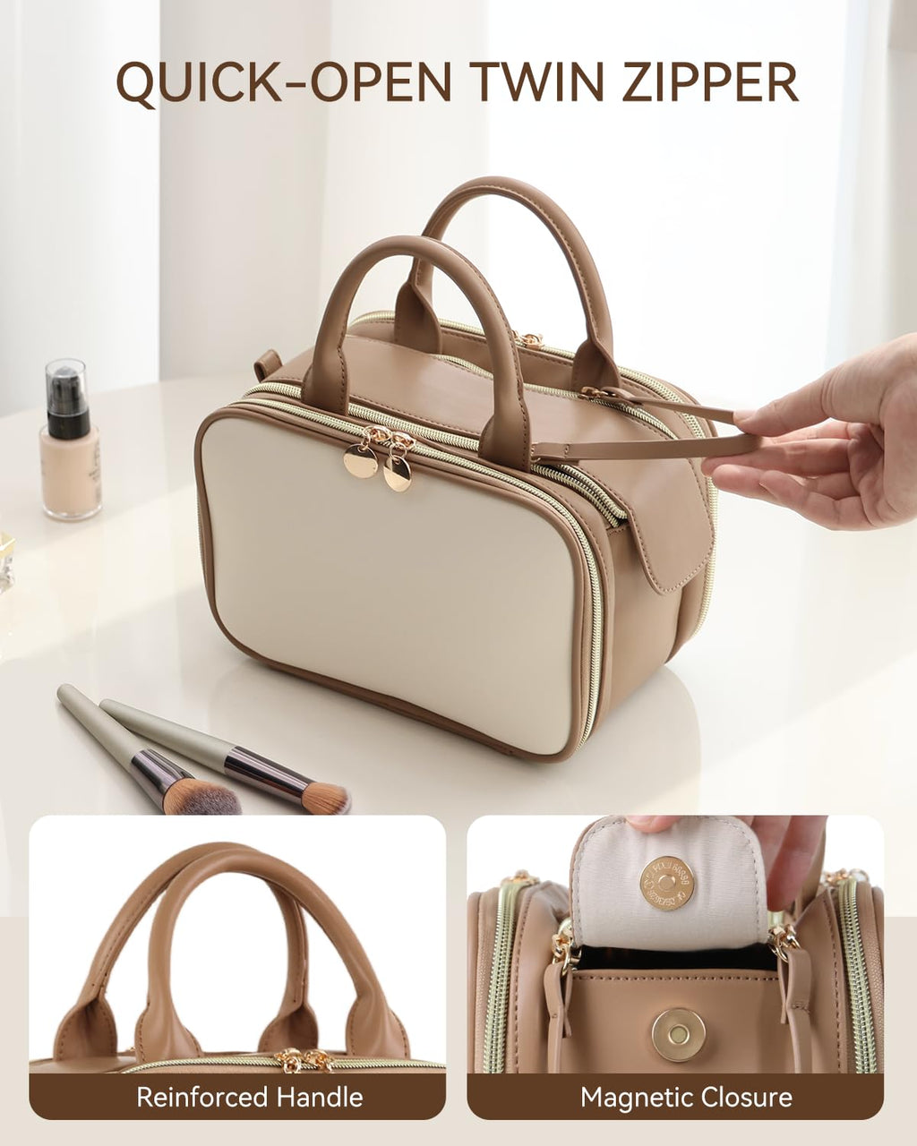 Prite Large Makeup Bag, Waterproof Travel Cosmetic Case with Brush Holder