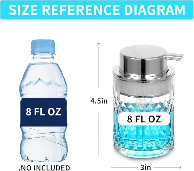 PLOUTA HOME Foaming Soap Dispenser,2 Pack Clear Glass Foam Hand Soap Dispenser for Bathroom, Refillable 8 Fl Oz Foamy Pump Bottle with Large Sliver Pump,Vintage Dish Soap Foam Dispenser