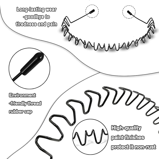 2-Pack Metal Headbands for Men & Women - Wavy Grip, Adjustable & Non-Slip for Sports, Running, Workouts and Daily Grooming