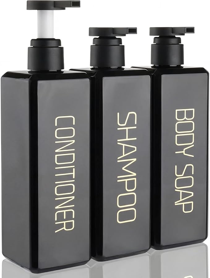 Shampoo and Conditioner Dispenser Shower Soap Bottles 3 Pack 550ml/18.6oz Refillable Shampoo Pump Bottle Dispenser Plastic Empty Body Wash Dispensers with Stylish Permanent Labels for Bathroom (Black)