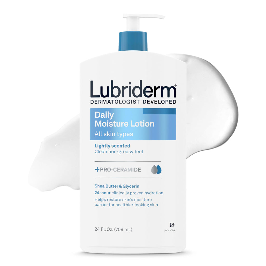 Lubriderm Daily Moisture Body Lotion + Pro-Ceramide, Body Lotion for Dry Skin, Shea Butter, Glycerin, Lightly Scented Hand Lotion, Non-Greasy 24-Hour Moisturizer, Paraben & Dye Free, 24 Fl Oz