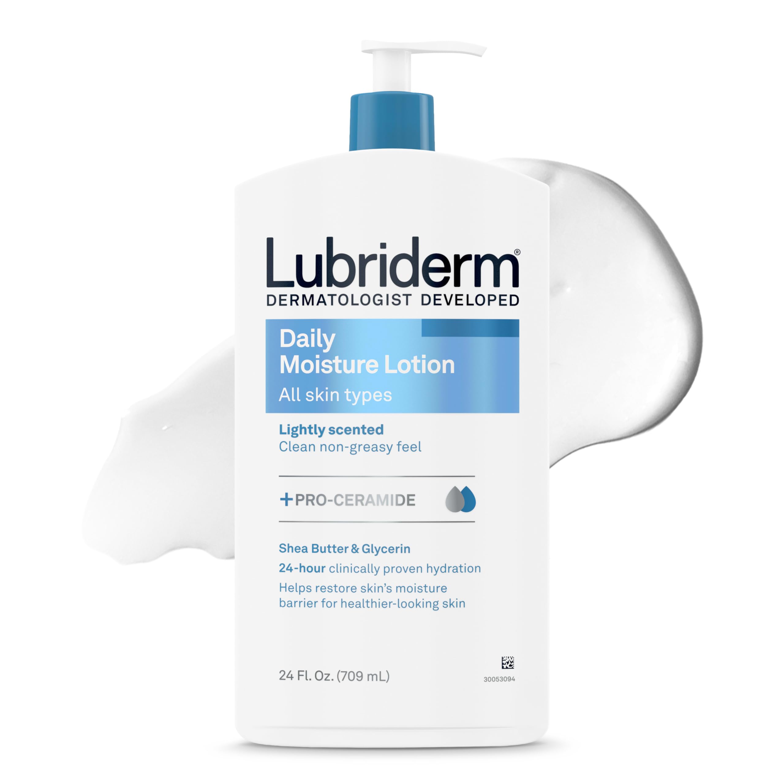 Lubriderm Daily Moisture Body Lotion + Pro-Ceramide, Body Lotion for Dry Skin, Shea Butter, Glycerin, Lightly Scented Hand Lotion, Non-Greasy 24-Hour Moisturizer, Paraben & Dye Free, 24 Fl Oz