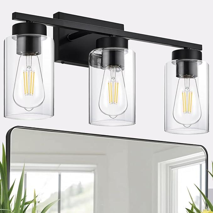 A1A9 3-Light Bathroom Vanity Light, Modern Black Wall Lights with Clear Glass Shades, Bathroom Wall Sconce Lamp for Mirror Living Room Bedroom Hallway