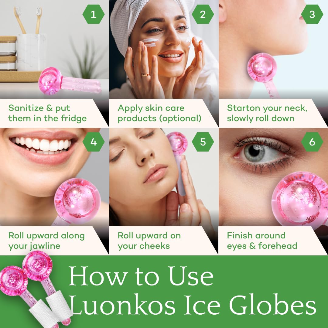 LUONKOS Ice Globes for Face and Eyes - Set of 2 Pink Glass Cryo Sticks