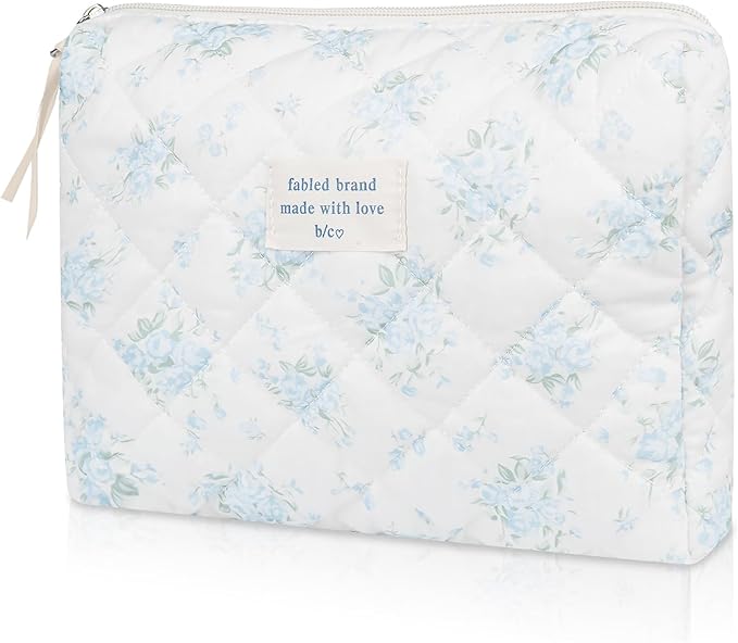 Gosect Floral Makeup Bag, Large Cosmetic Bag for Women Girls, Cute Cotton Makeup Pouch, Quilted Makeup Bags, Flower Travel Toiletry Organizer Bag(Blue Rose)