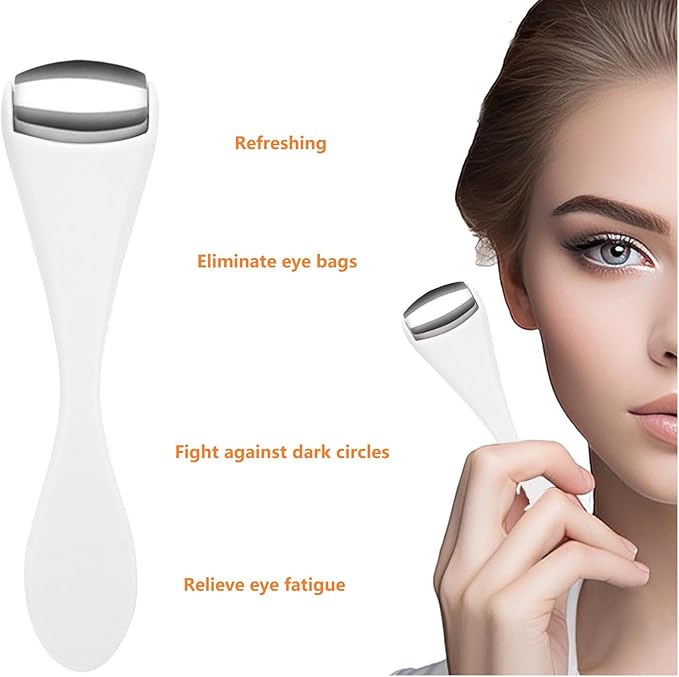 Mini Eye Face Rollers Massager 304 Stainless Steel Ice Silicone Roller for Relief Pain Skincare Facial Women Girl Gift (White Color)
