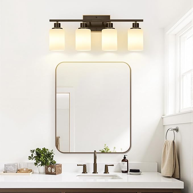 4-Light Bathroom Light Fixtures, Brown and Gold Vanity Lights with Milk Glass Shades, Modern Bathroom Wall Lamp for Mirror Living Room Bedroom Porch