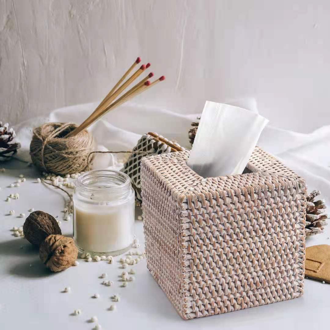 Rattan Tissue Box Cover Square, Hand Woven Wicker Tissue Holder, 5.5 x 5.5 X 5.7 inch, Whitewash