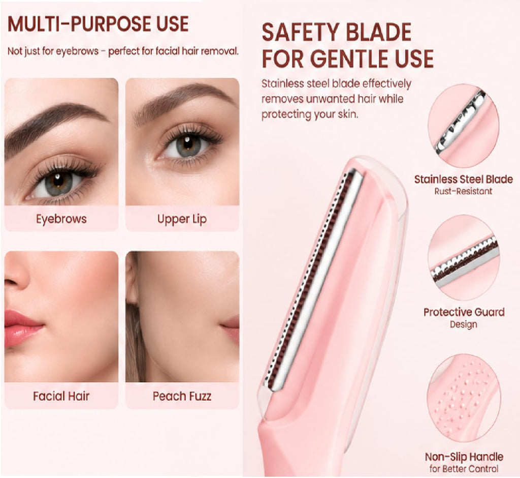 Vankoo Facial Hair Remover & Eyebrow Trimmer - 2 in 1 Eyebrow & Face Shaver for Women - Rechargeable Face Razors for Women with Built-in LED Lights - Painless Hair Removal for Flawless Skin & Makeup