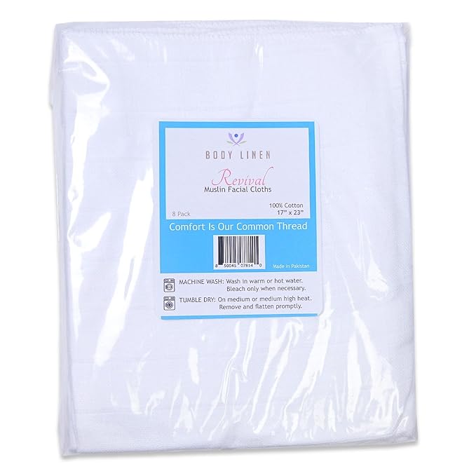 Body Linen Muslin Facial Cloths for Professional or Home Use. Super Soft 100% Cotton Muslin Weave. Perfect for Applying, Covering and Removing Facial Moisturizers and Creams - 8 Pack