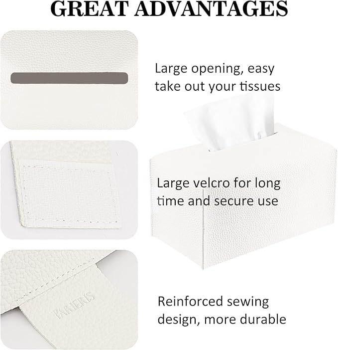 PARIERIS Tissue Box Cover PU Leather Tissue Holder Rectangle Facial Tissue Case Tissue Box Organizer Dispenser for Bathroom, Kitchen, Home, Office, Tabletop (OffWhite, Short)