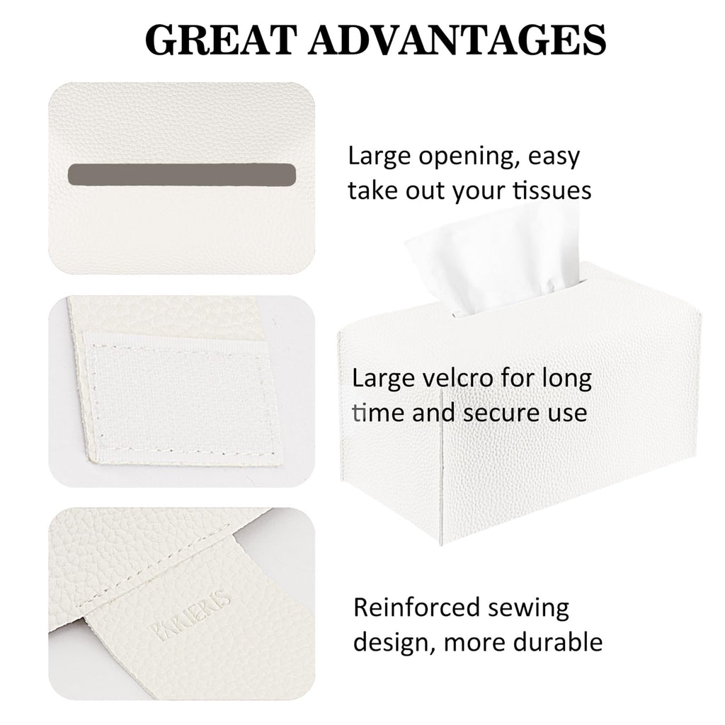PARIERIS Tissue Box Cover PU Leather Tissue Holder Rectangle Facial Tissue Case Tissue Box Organizer Dispenser for Bathroom, Kitchen, Home, Office, Tabletop (White, Short)