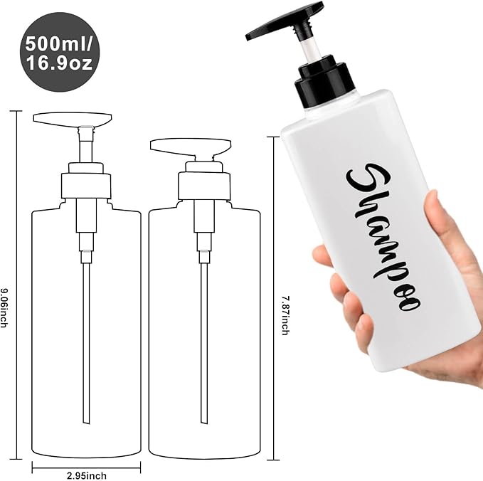 AUMIO 16.9oz Shampoo Conditioner Body Wash Dispenser for Shower, Refillable Printed Soap Bottles with Pump, Empty Plastic Bathroom Dispenser Set for Shampoo, Conditioner & Soap (White, 3 Pack)