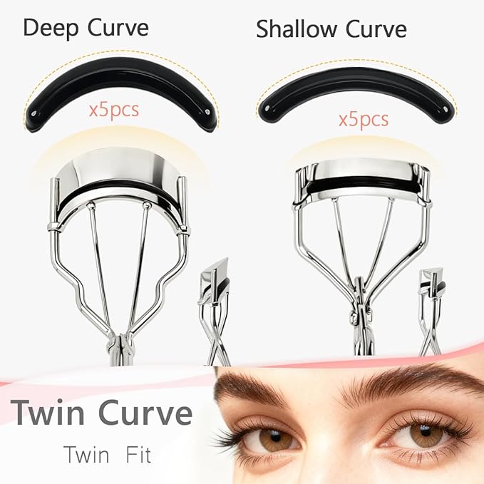 qiipii 2 Kinds of Eyelash Curlers with Different Curvature Suitable for Various Eyes Shapes, Silver Comfort Grip,10 Silicone Replacement Refills Pads for Perfect Framed Lashes - Gentle & Safe Use