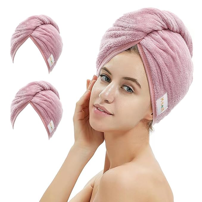 M-bestl 2 Pack Microfiber Hair Towel Wrap,Hair Drying Towel with Button Design,Head Towel to Dry Curly Hair Quickly (Bean Pink)