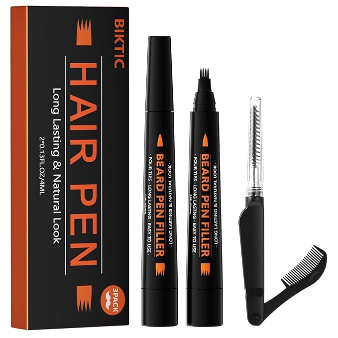 3-Pack Beard Pencil Filler for Men (Black), Four-fork Tip Beard Styling Pen