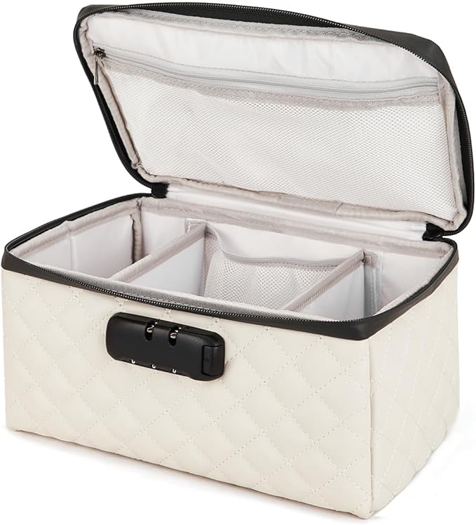 KaAutoler Portable makeup box with Lock, Large Capacity Travel Makeup Case Organizer, Makeup Bags for Girls Traveling With Handle and Divider Makeup Bag (off-white)